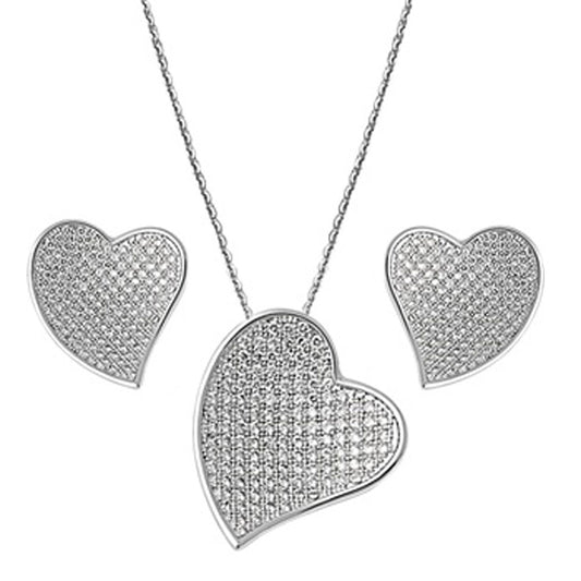 Micro Pave Heart Earrings Clear Simulated CZ .925 Sterling Silver Pendant Set