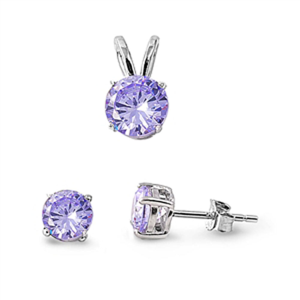 Solitaire Round Earrings Simulated Lavender .925 Sterling Silver Pendant Set
