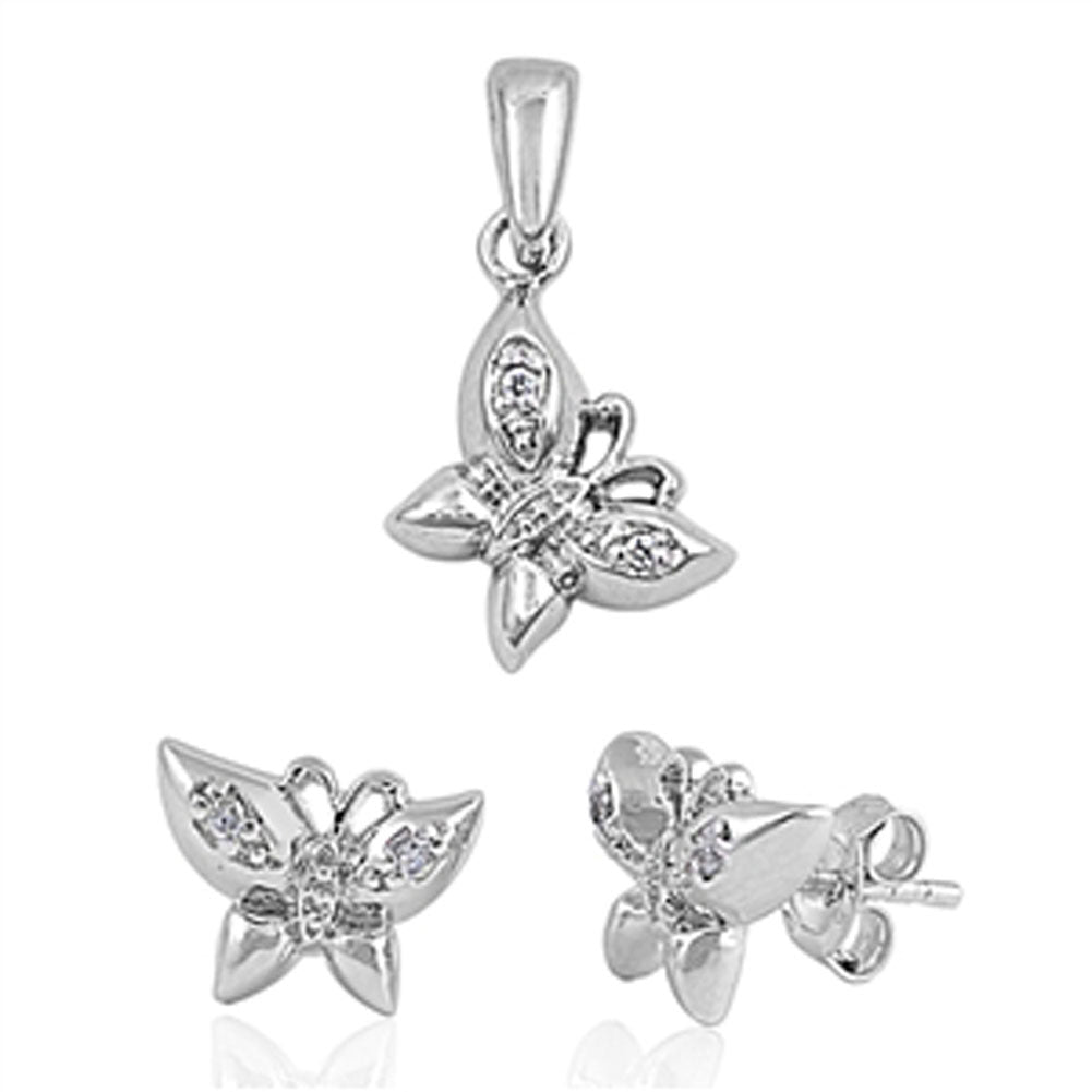 Butterfly Earrings Clear Simulated CZ .925 Sterling Silver Pendant Set
