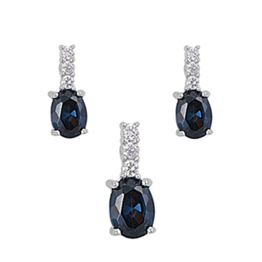 Oval Bar Earrings Blue Simulated Sapphire Clear Simulated CZ .925 Sterling Silver Pendant Set