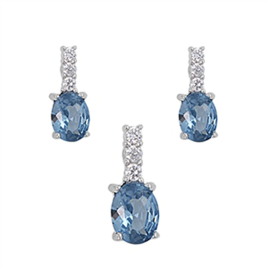 Oval Bar Earrings Simulated Aquamarine Clear Simulated CZ .925 Sterling Silver Pendant Set