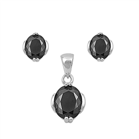 Solitaire Oval Earrings Black Simulated CZ .925 Sterling Silver Pendant Set