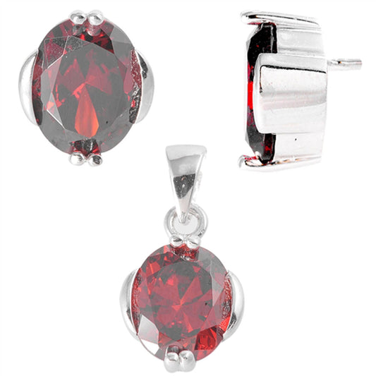 Solitaire Oval Earrings Simulated Garnet .925 Sterling Silver Pendant Set
