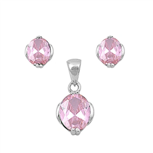 Solitaire Oval Earrings Pink Simulated CZ .925 Sterling Silver Pendant Set