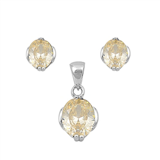 Solitaire Oval Earrings Yellow Simulated CZ .925 Sterling Silver Pendant Set