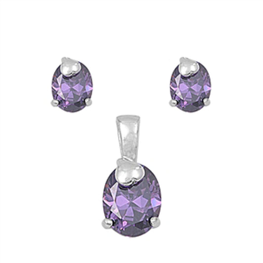 Solitaire Oval Heart Earrings Simulated Amethyst .925 Sterling Silver Pendant Set