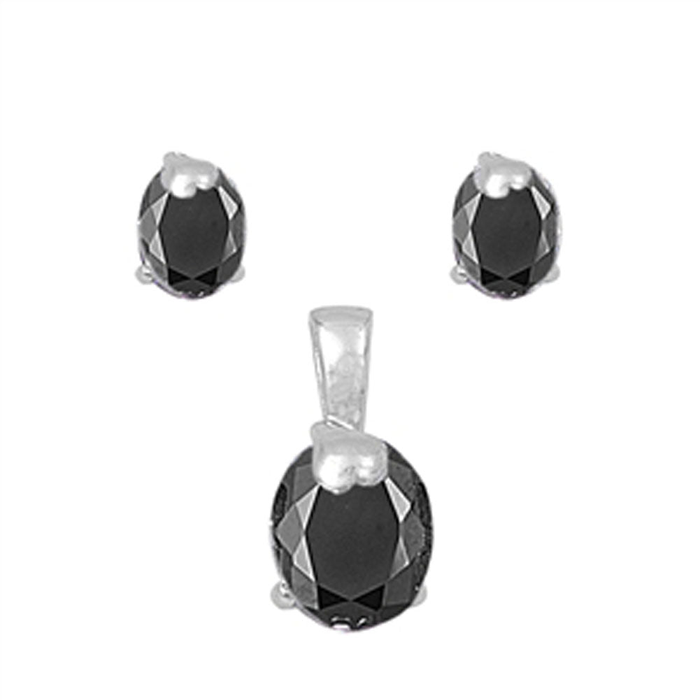 Solitaire Oval Heart Earrings Black Simulated CZ .925 Sterling Silver Pendant Set