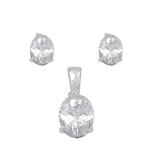 Solitaire Oval Heart Earrings Clear Simulated CZ .925 Sterling Silver Pendant Set