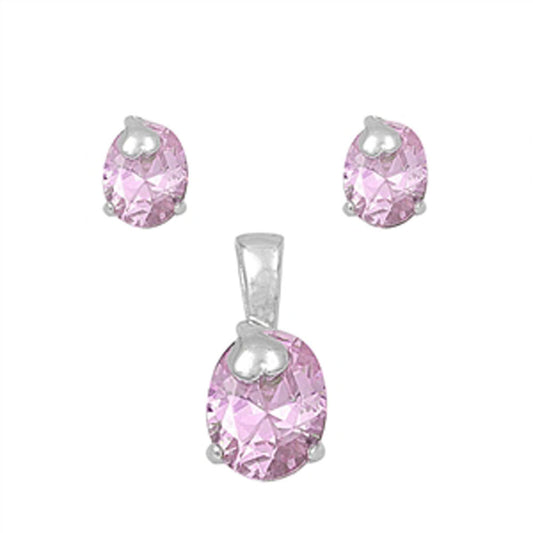 Solitaire Oval Heart Earrings Pink Simulated CZ .925 Sterling Silver Pendant Set