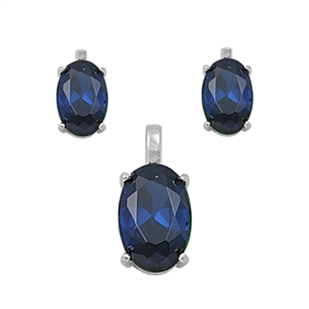 Solitaire Oval Earrings Blue Simulated Sapphire .925 Sterling Silver Pendant Set