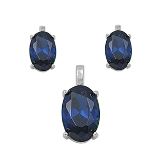 Solitaire Oval Earrings Blue Simulated Sapphire .925 Sterling Silver Pendant Set