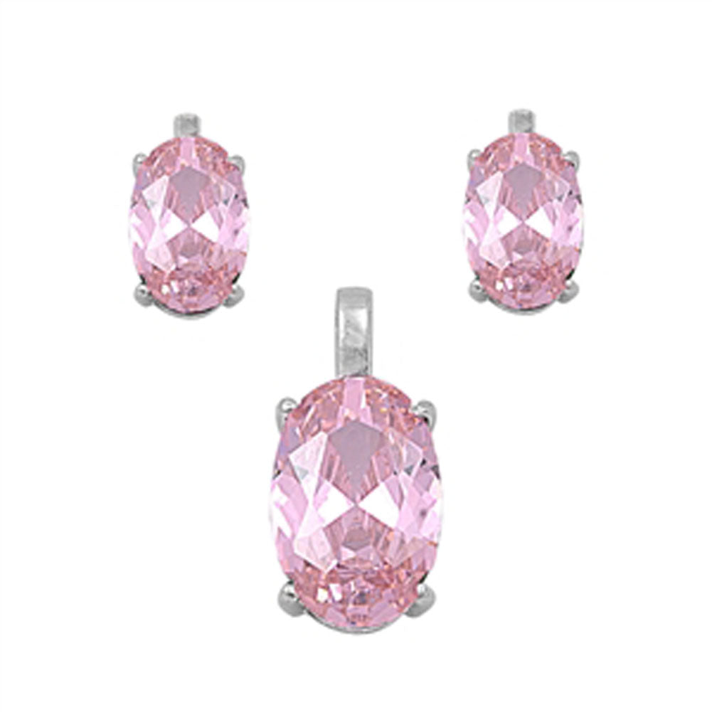 Solitaire Oval Earrings Pink Simulated CZ .925 Sterling Silver Pendant Set