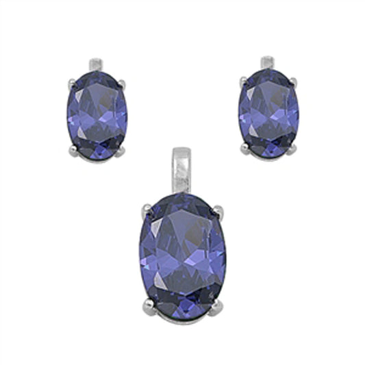Solitaire Oval Earrings Simulated Tanzanite .925 Sterling Silver Pendant Set