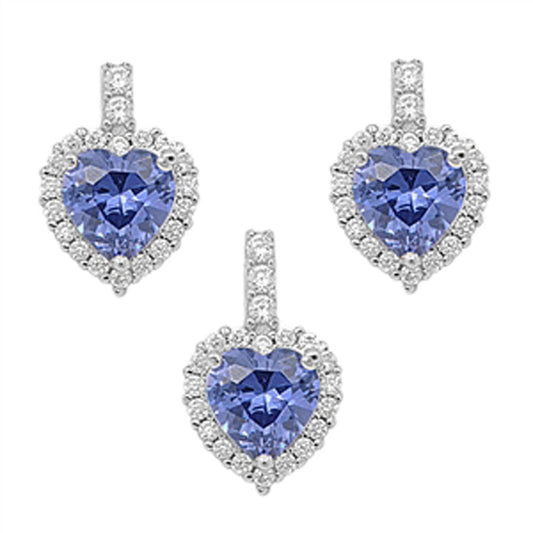 Halo Heart Earrings Simulated Tanzanite Clear Simulated CZ .925 Sterling Silver Pendant Set