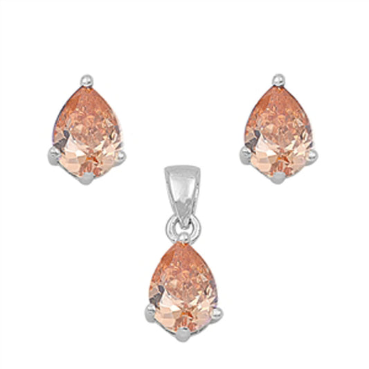 Solitaire Teardrop Earrings Champagne Simulated CZ .925 Sterling Silver Pendant Set