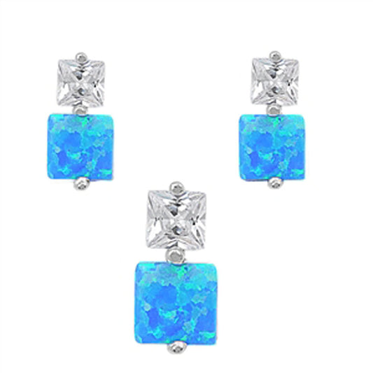 Square Earrings Blue Simulated Opal Clear Simulated CZ .925 Sterling Silver Pendant Set