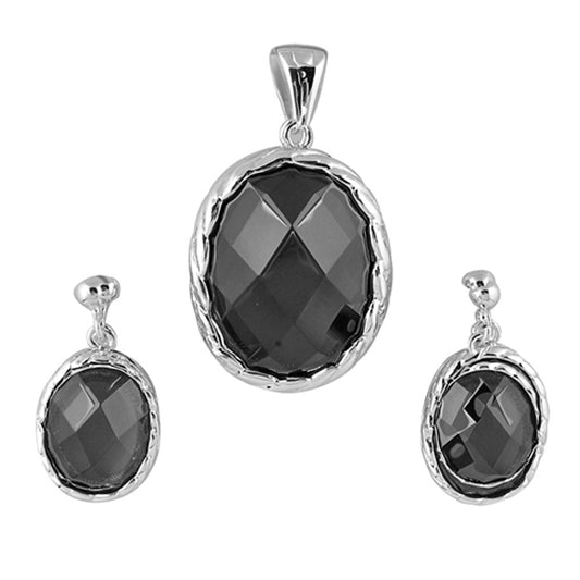 Rope Frame Vintage Angle Cut Oval Eternity Black Simulated CZ .925 Sterling Silver Earrings Pendant Set