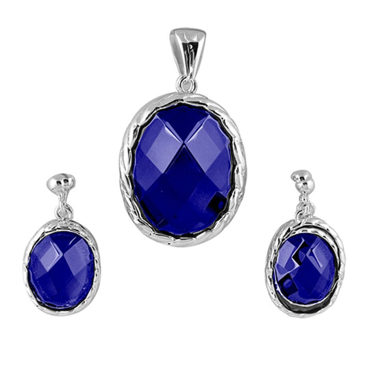 Rope Border Angle Cut Oval Vintage Style Blue Simulated Sapphire .925 Sterling Silver Earrings Pendant Set