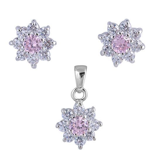 Fancy Ornate Sun Burst Flower Pink Simulated CZ Clear Simulated CZ Sterling Silver Earrings Pendant Set