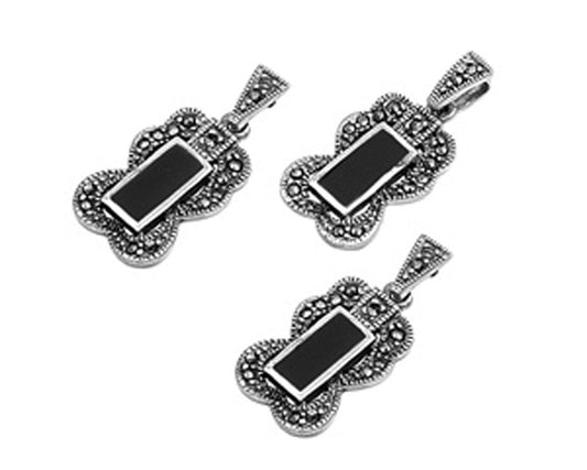 Rectangle Earrings Black Simulated Onyx Simulated Marcasite .925 Sterling Silver Pendant Set